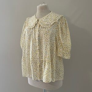 Cottagecore Yellow Floral Sheer Blouse Peter Pan Collar